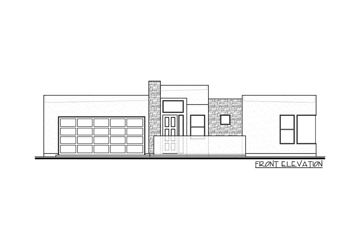 Front elevation drawing of a modern house plan with attached garage, entryway, and stone accents.