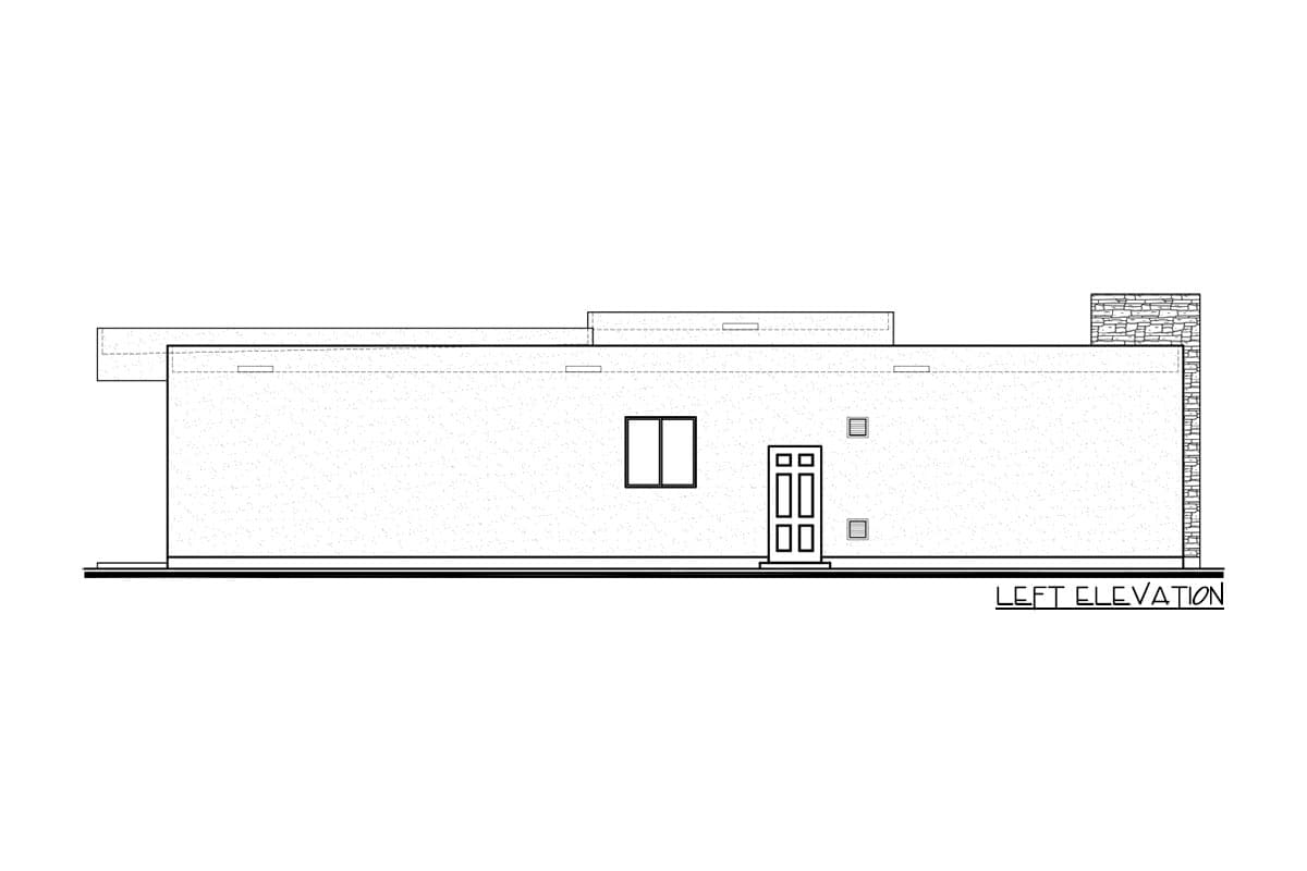 Left elevation of a house plan showing a flat roof, a single window, a double-door entry, and a stone chimney.