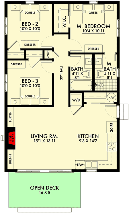 Plan 677000NWL: Economical 3-Bed New American Cottage with Large Deck - Floor Plan - Main Level - Cottage, Mountain, New American, Vacation