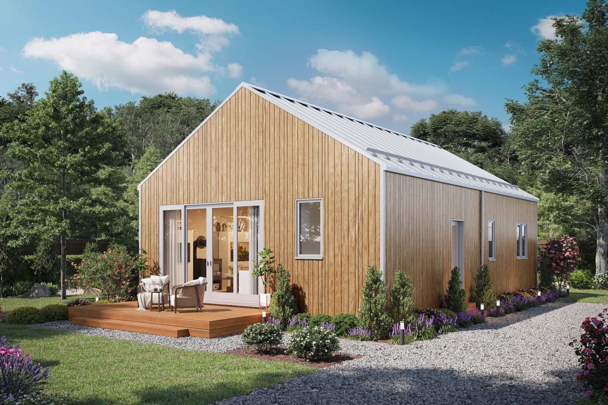 Modern house plan exterior featuring vertical wood siding, a gabled metal roof, deck, and large glass doors.