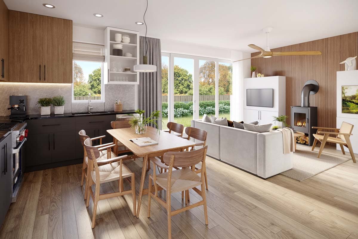 Open concept living area with kitchen, dining, and lounge. Features include a fireplace and large sliding glass doors.