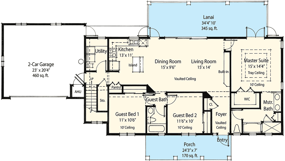 Plan 33086ZRX: 1.5 Story Mediterranean House Plan with Natural Light-Filled Loft - 1950 Sq Ft - Floor Plan - Main Level - European, Mediterranean, Spanish