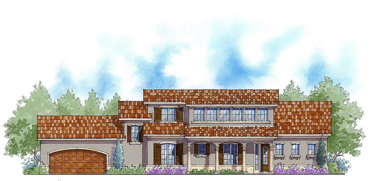 House plan exterior, two-story home with Spanish tile roof, attached garage, covered porch with columns, and arched windows.