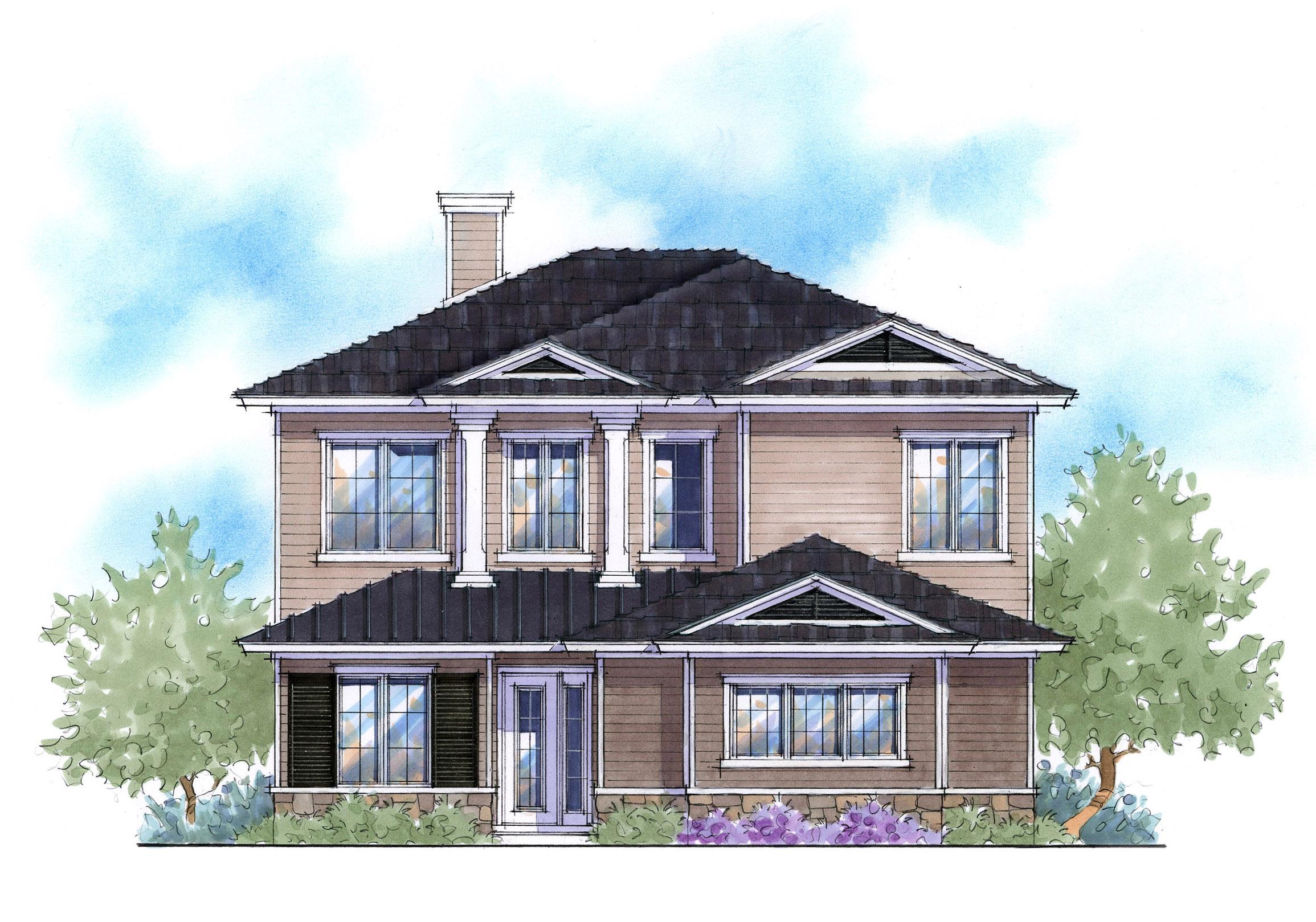 House plan exterior of a two-story home with a gabled roof, dormers, a front porch with columns, and siding.