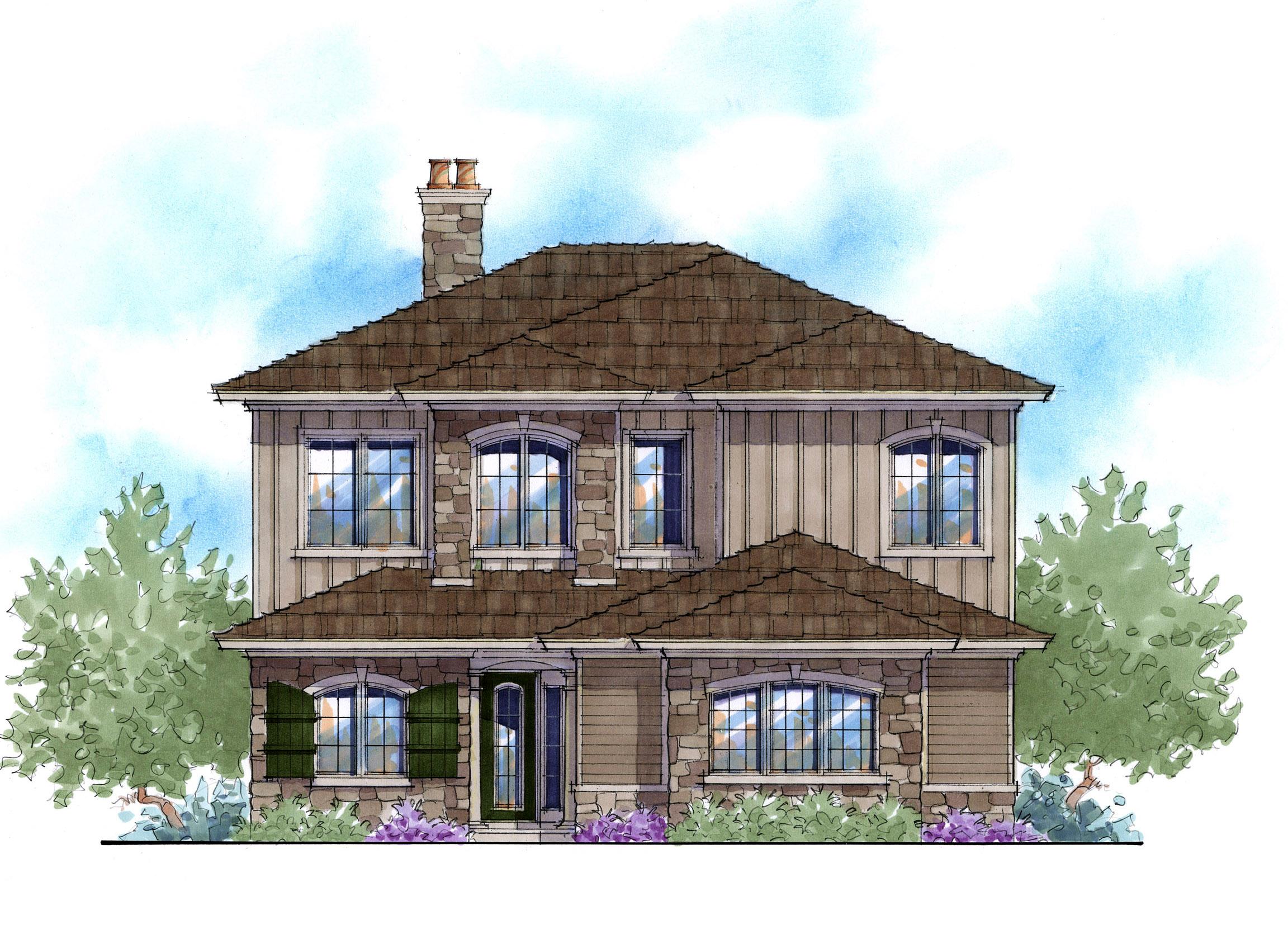 House plan exterior: Two-story home with stone and vertical siding, multiple gables, arched windows, and prominent chimney.