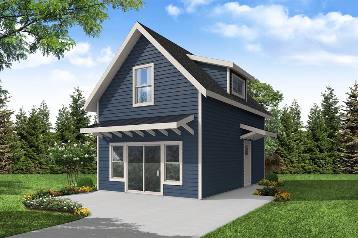 House plan exterior. Two-story with gable roof, dormer, and pergola-style porch roof. Features include sliding glass doors and dark blue siding.