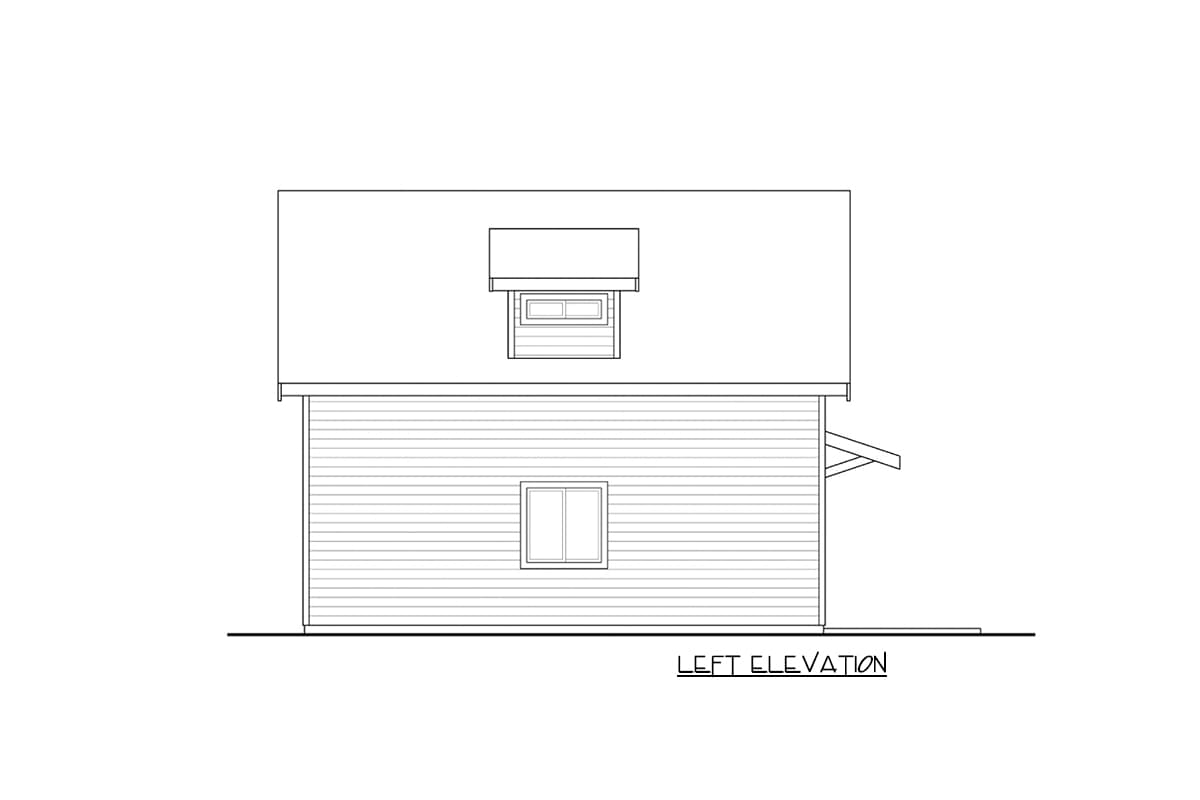 Left elevation drawing of a two-story house plan with siding, a dormer, and a single window.