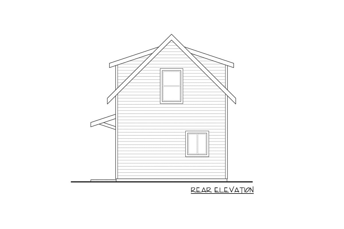 Rear elevation drawing of a two-story house with a steeply pitched gable roof and horizontal siding.