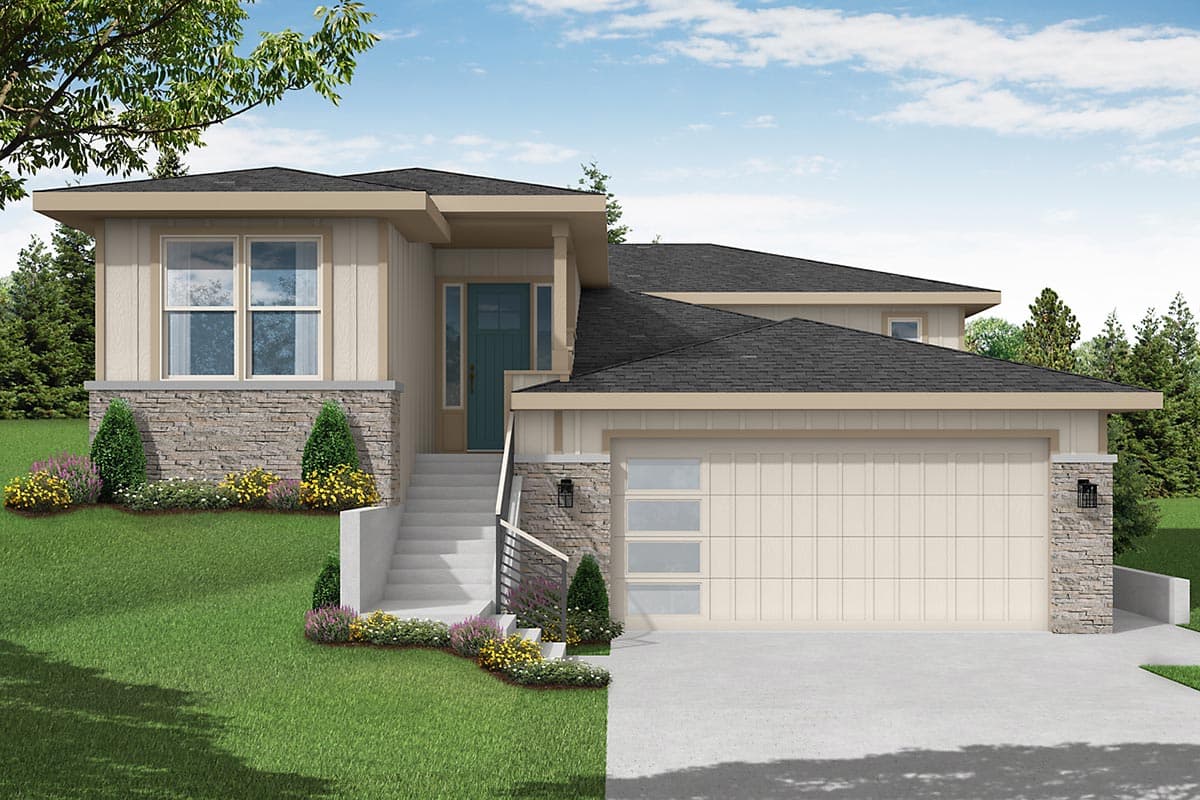 House plan exterior. Modern style with two stories, a low-sloped roof, stone accents, and an attached two-car garage.