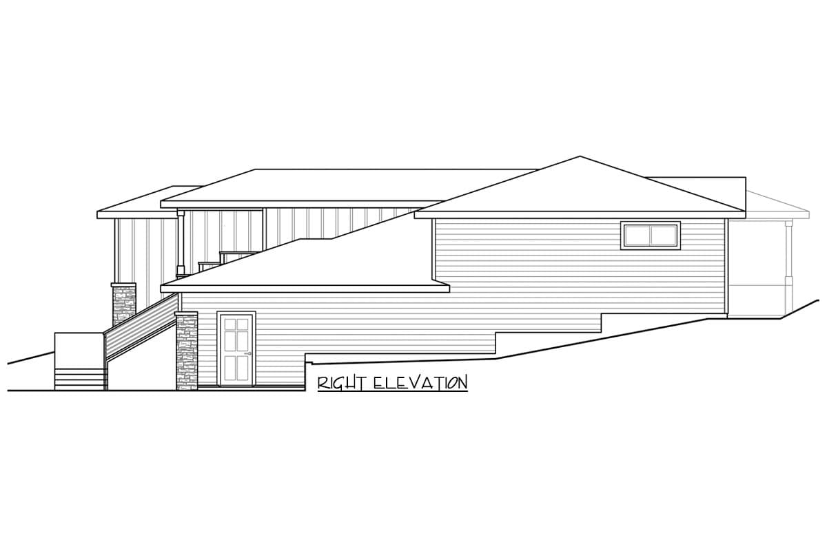 Right elevation drawing of a multi-level house plan with a covered porch, stone accents, and a two-door garage entrance.