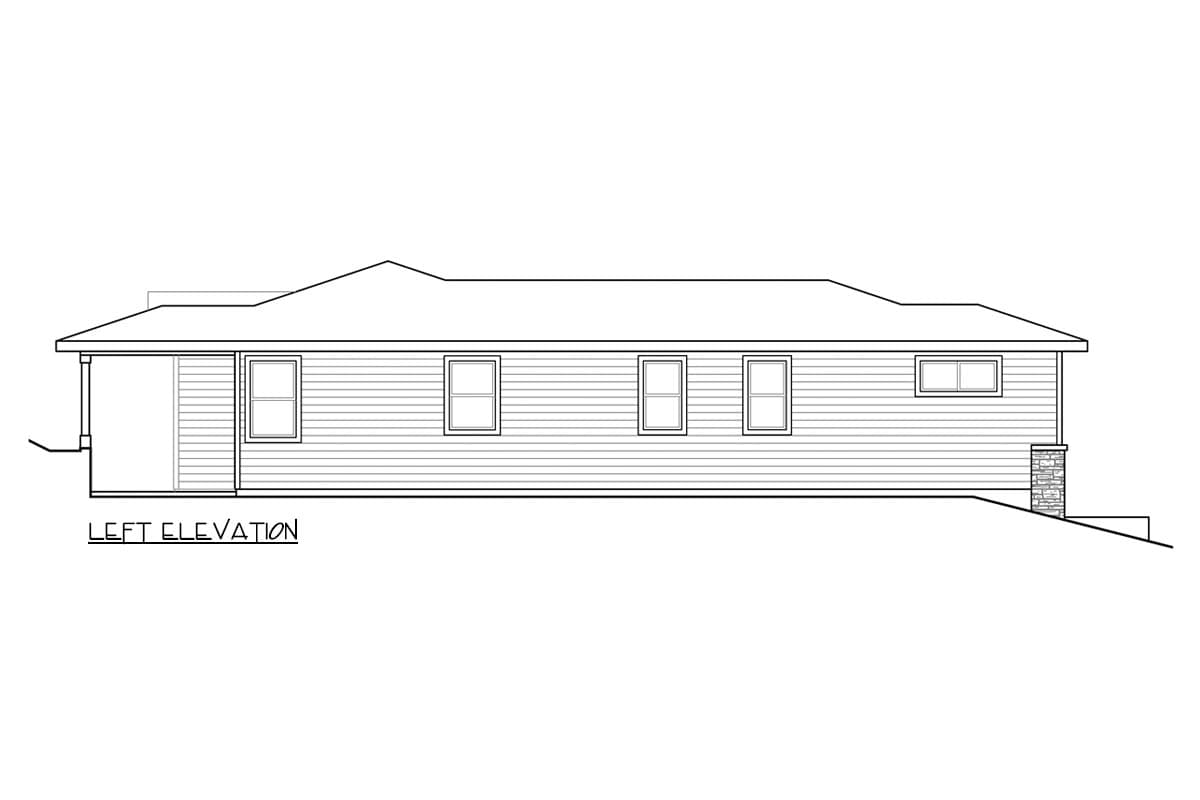 Left elevation drawing of a ranch-style house plan, featuring horizontal siding, multiple windows, and a stone-accented foundation.