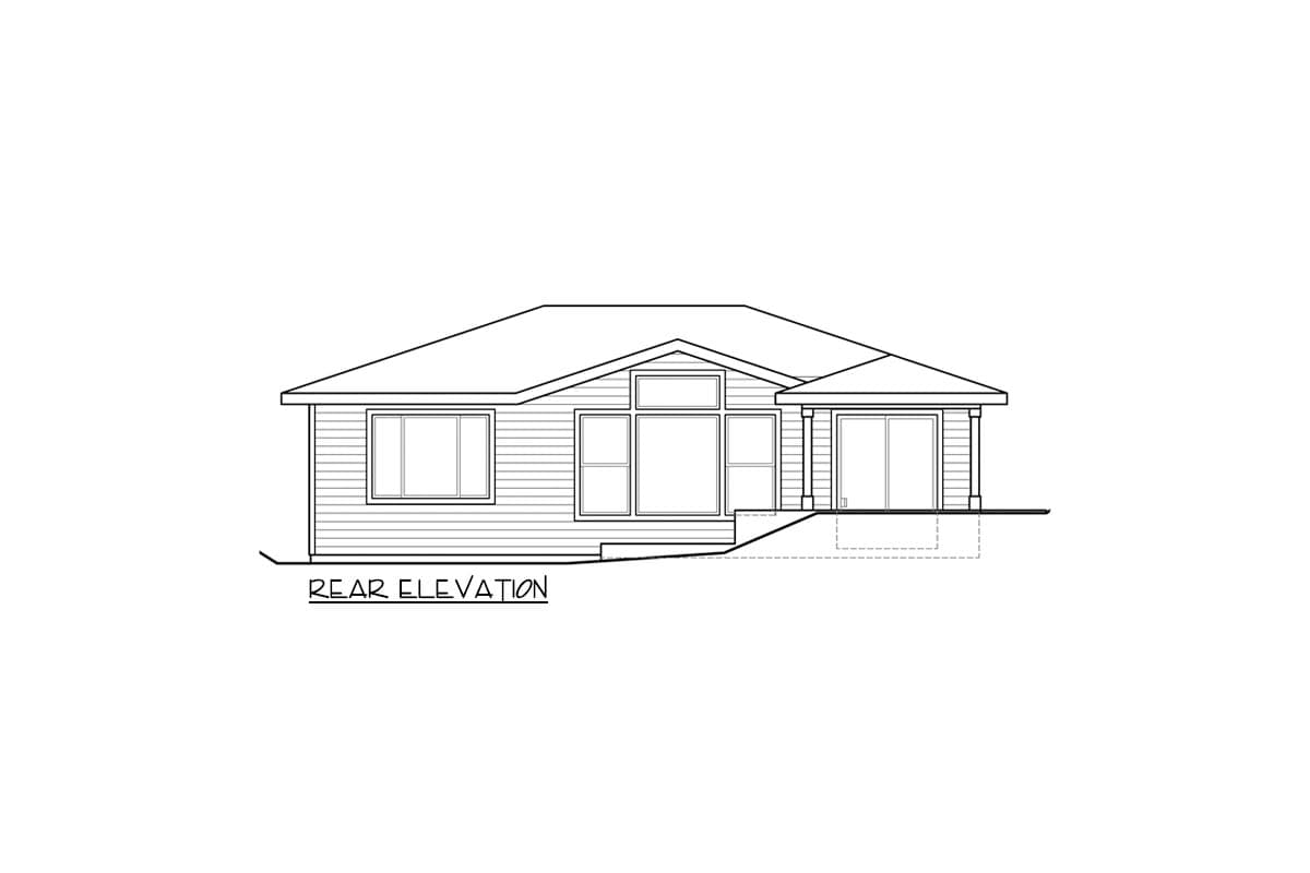 Rear elevation drawing of a single-story house with a hipped roof, multiple windows, and a covered porch.