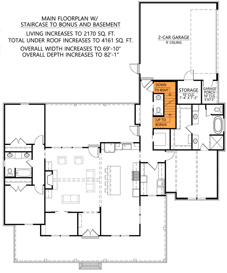 Plan 56510SM: Farmhouse with Home Office and Wraparound Porch - 2085 Sq Ft - Floor Plan - Main Level - Basement and Bonus Option (+$ Paid Upgrade) - Country, Modern Farmhouse, New American