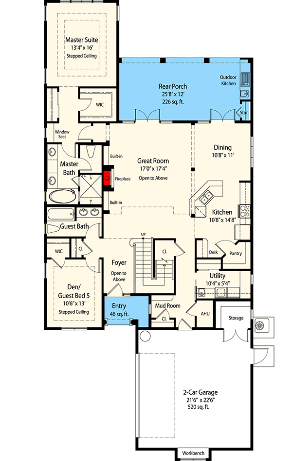 Plan 33089ZRX: Two-Story Mediterranean-Style House Plan Under 2800 Square Feet - Floor Plan - Main Level - Mediterranean, Spanish