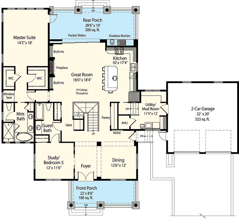 Plan 33090ZRX: Coastal Contemporary Farmhouse Plan Under 3100 Square Feet - Floor Plan - Main Level - Coastal, Country, Farmhouse, Southern, Traditional