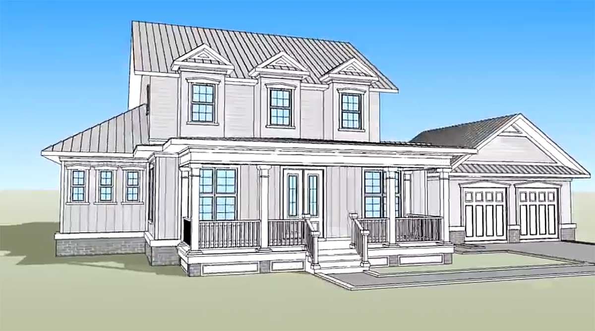 House plan exterior: Two-story home with wraparound porch, dormers, and attached two-car garage.