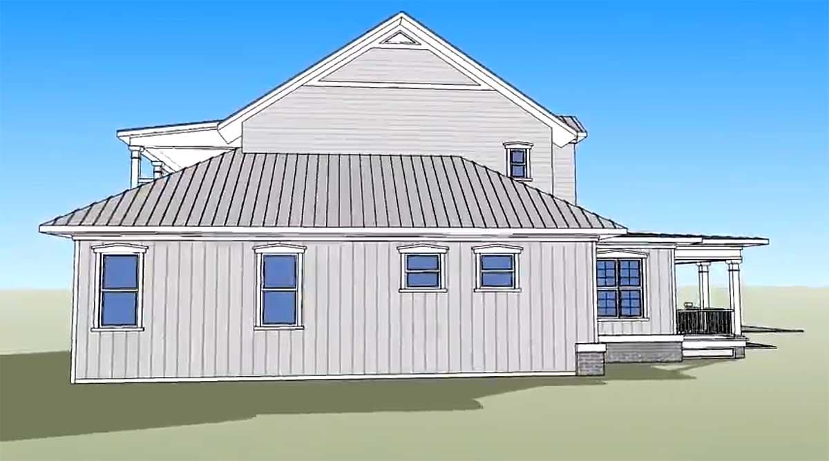 House plan exterior with gabled roof, dormer, vertical siding, and covered porch with columns.