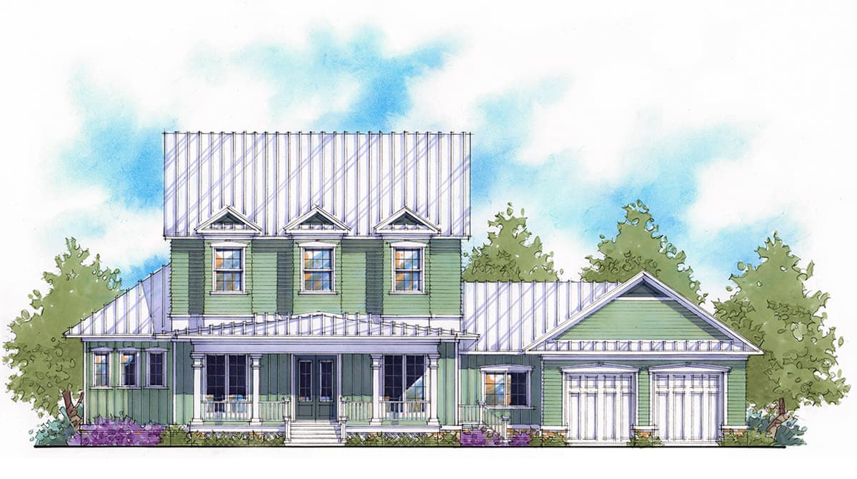 Two-story house plan exterior with a metal roof, front porch with columns, dormers, and an attached two-car garage.