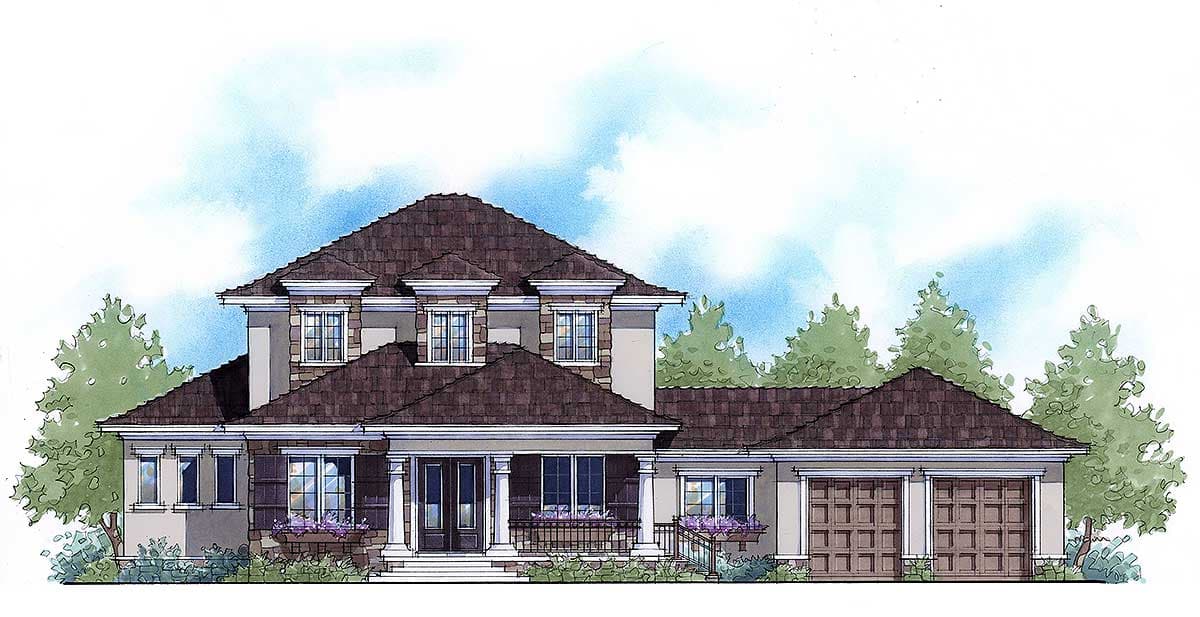 House plan exterior of a two-story home with a prominent hip roof, covered front porch with columns, dormers, and a three-car garage.