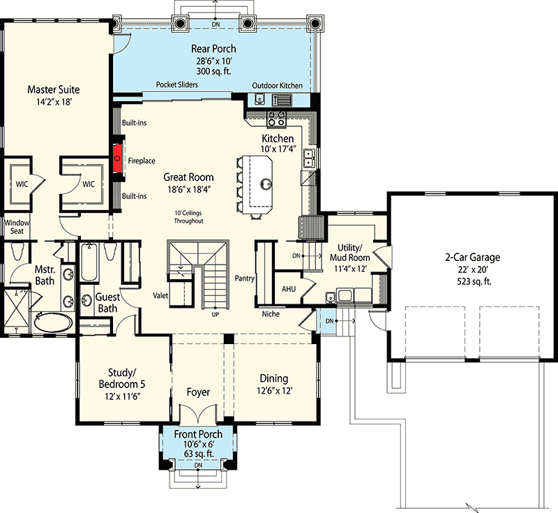 Plan 33091ZR: Two-Story Contemporary Florida Country House Plan Under 3100 Square Feet - Floor Plan - Main Level - Country, European, Florida-Style, Traditional