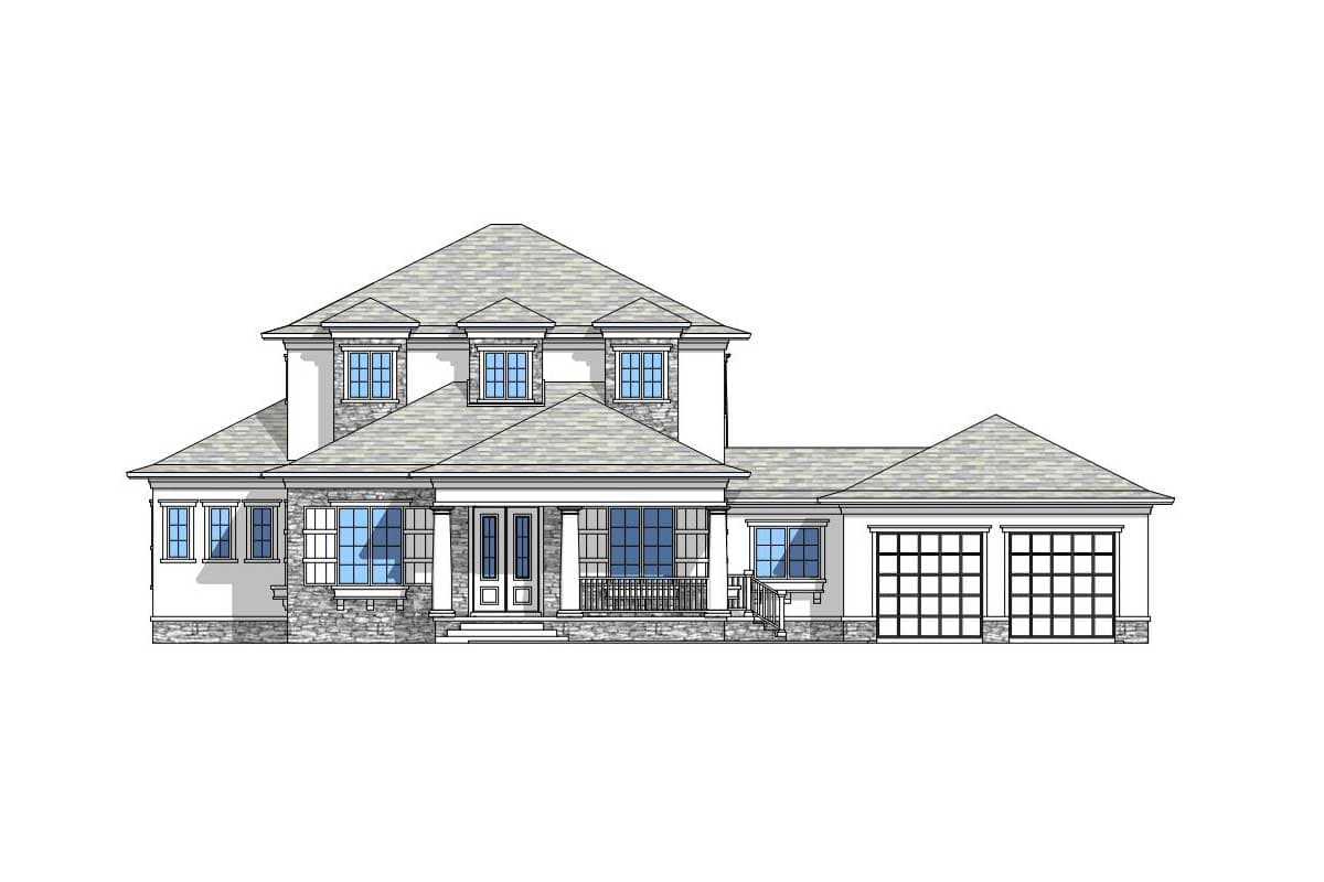 House plan exterior drawing showing a two-story home with a covered porch, stone accents, multiple dormers, and a three-car garage.