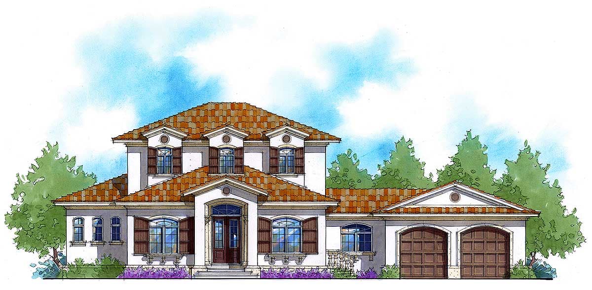 House plan exterior: Two-story Mediterranean style home with red tile roof, arched entry, multiple dormers, and a three-car garage.
