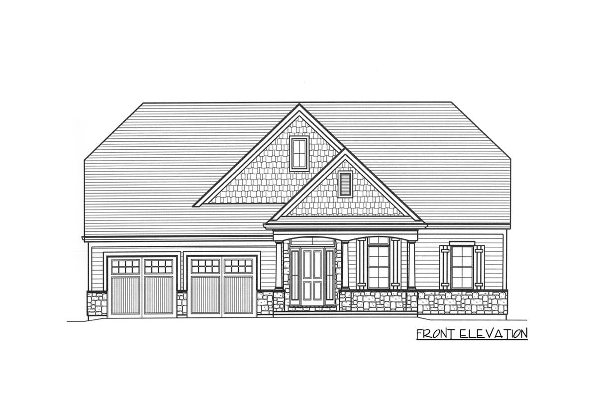 Front elevation drawing of a one-story house with a three-car garage, covered front porch, and prominent gables.