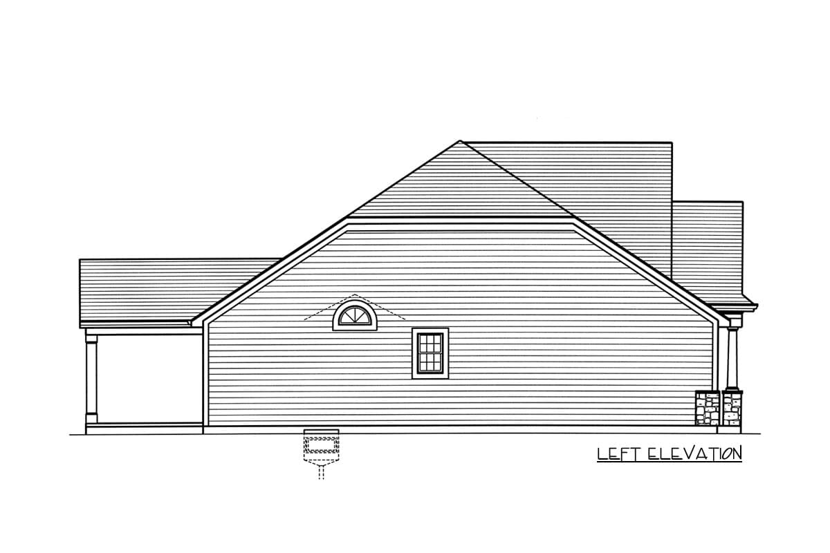 Left elevation drawing of a house plan with a gable roof, dormer window, and covered porch.