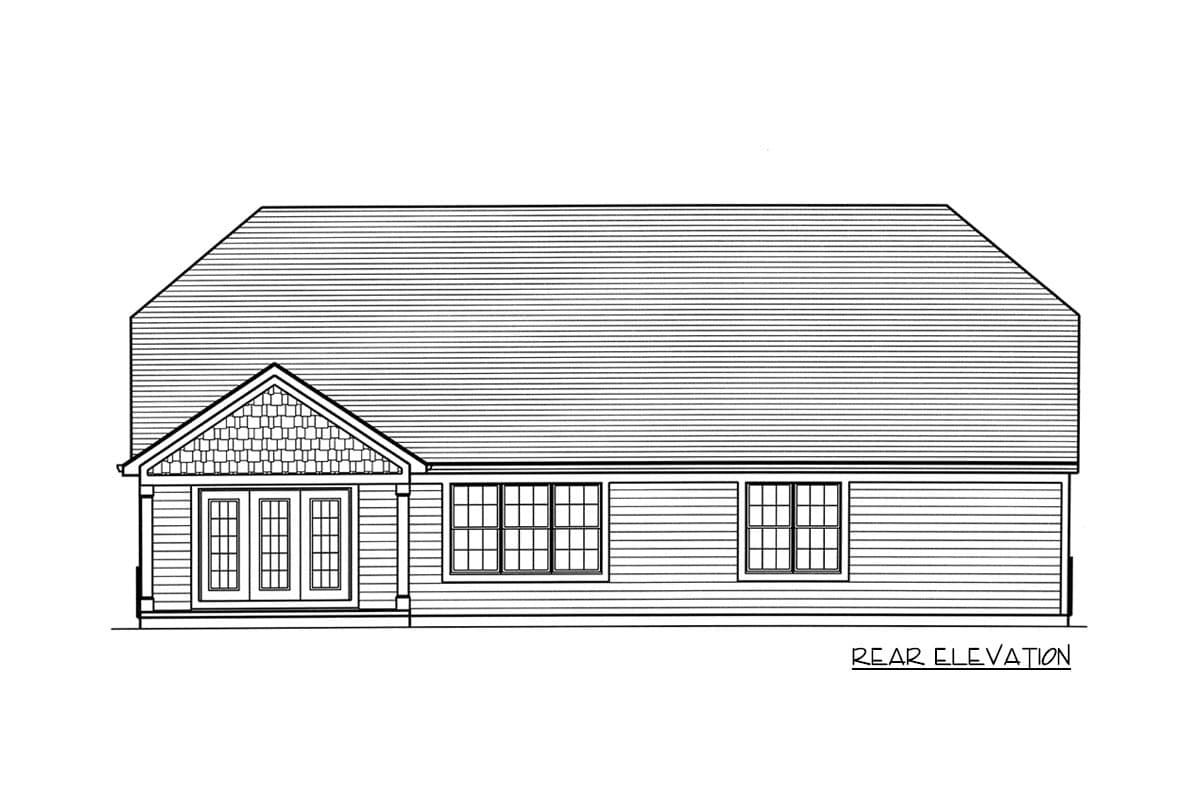 Rear elevation house plan showing a single-story structure with double entry doors, shingled gable, and multiple windows.