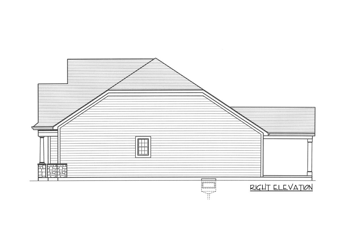 House plan right elevation with pitched rooflines, porch, and stone base.