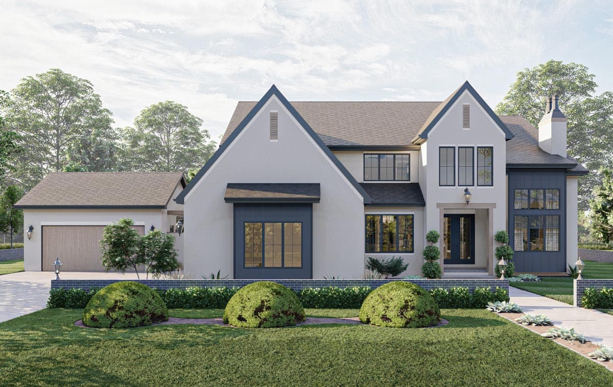 House plan exterior. Two-story home with gabled roof, dark trim, and attached garage. Includes a covered entryway and chimney.