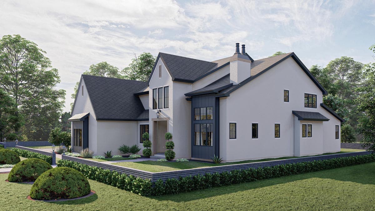 House plan exterior rendering of a two-story modern home with a stucco finish, dark roof, and large windows.