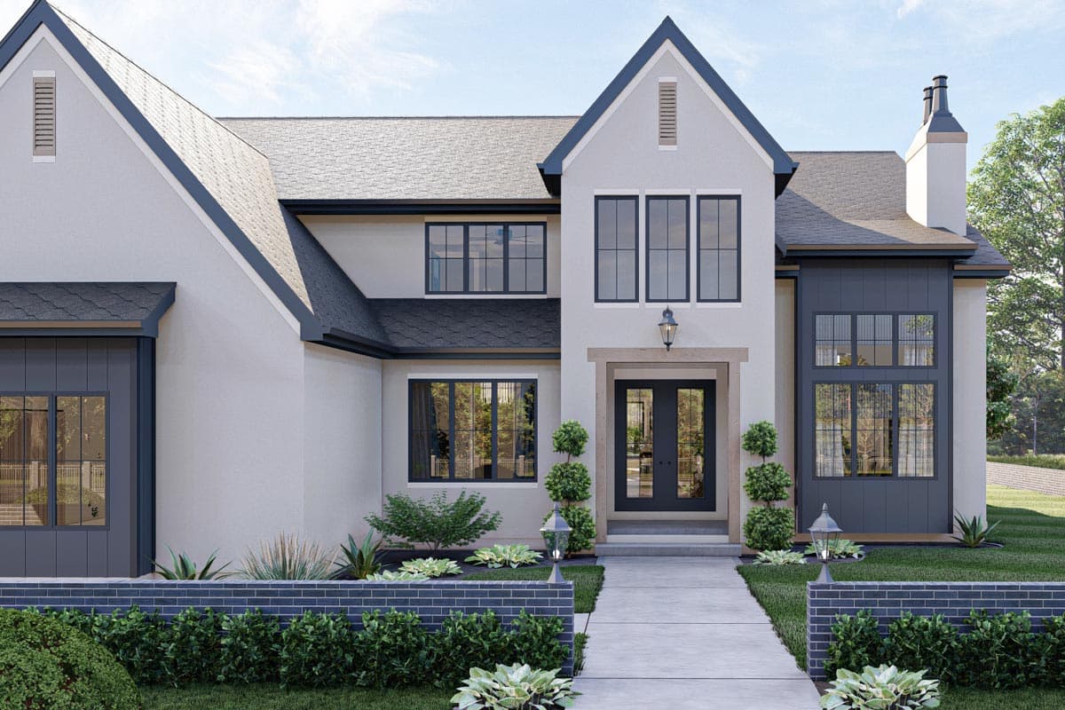House plan exterior: Two-story modern home with stucco facade, prominent gables, dark-framed windows, and a dual-pane front door.