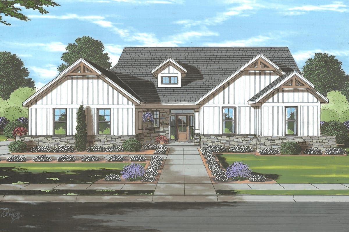 House plan exterior featuring a Craftsman style, single story, with gables, a stone facade, and dormer.