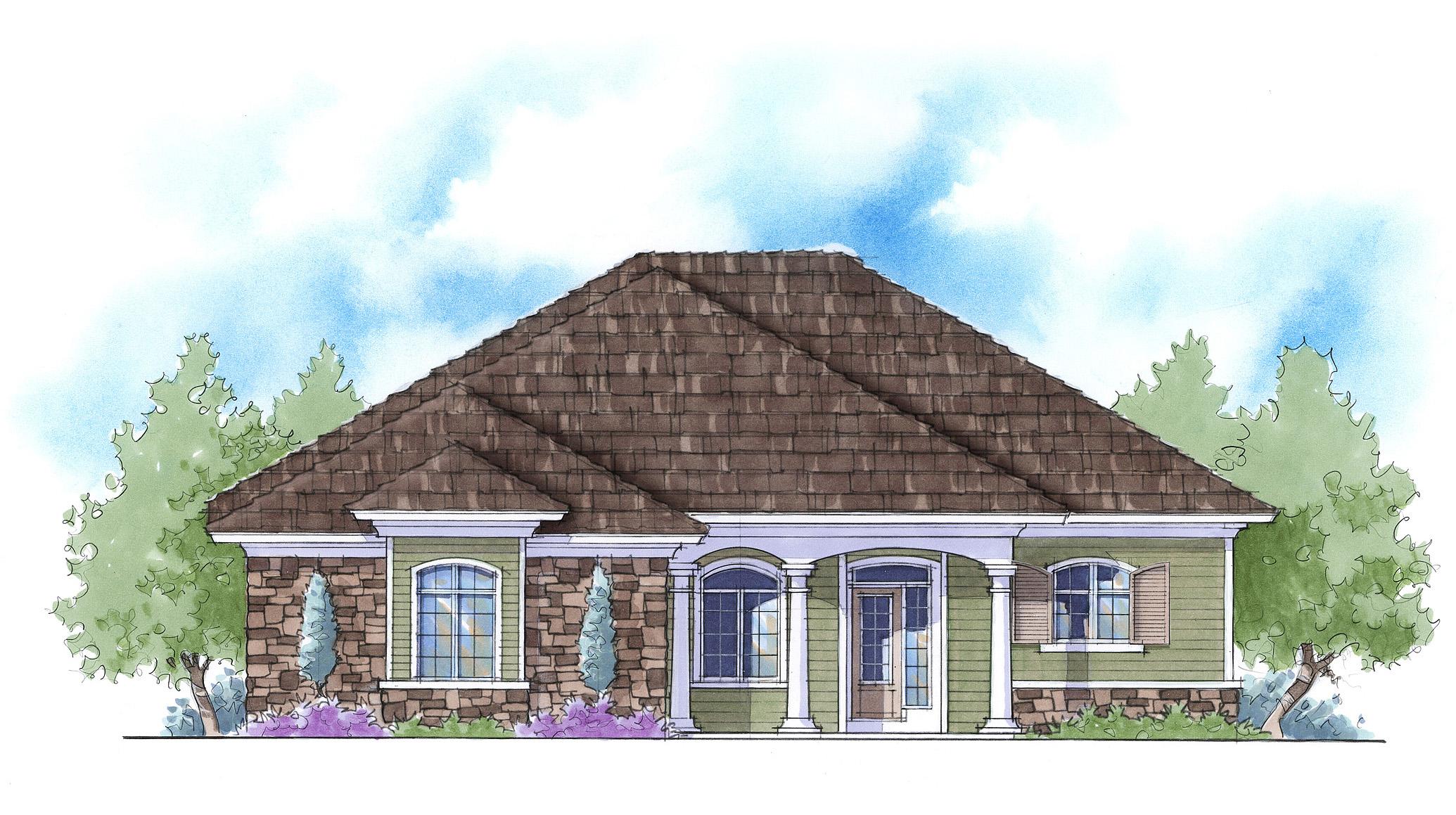 House plan exterior: Single-story home with a hip roof, stone accents, arched windows, and a covered front entry with columns.