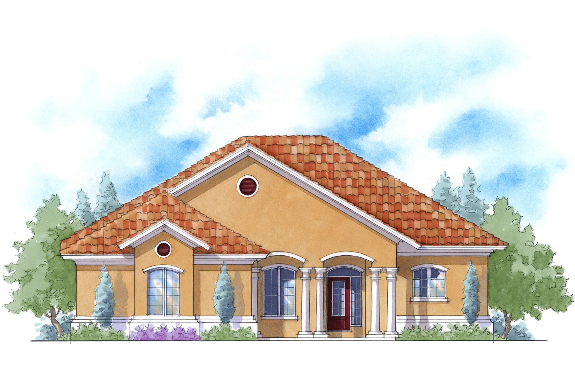 House plan exterior: Mediterranean style, one story, arched windows, covered entryway with columns, tile roof.