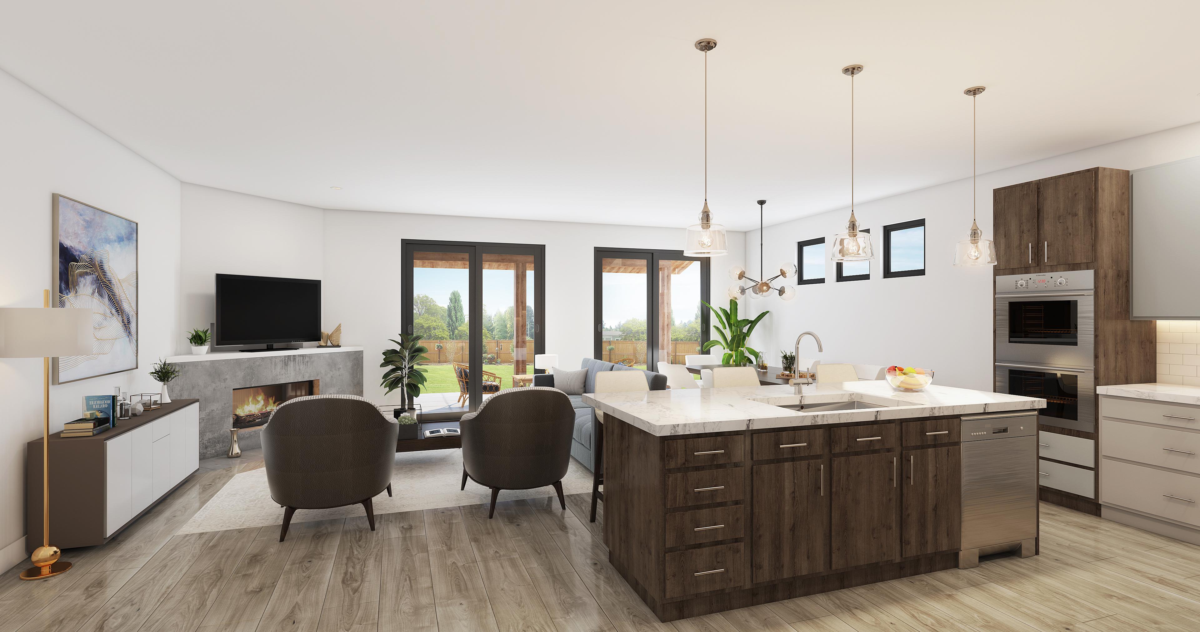 Open concept living and kitchen area with fireplace, large island with sink, and sliding glass doors to backyard.