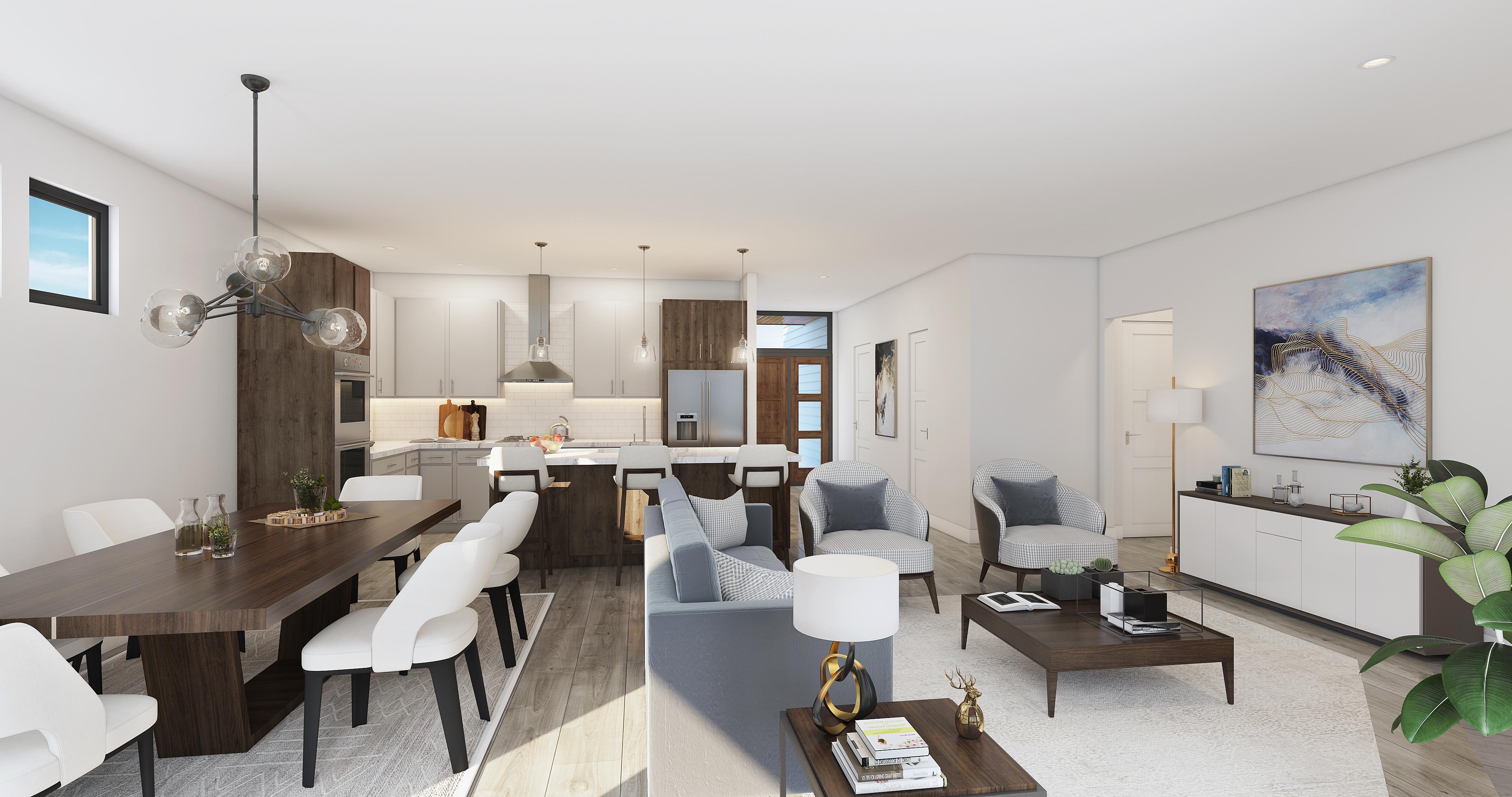 Open concept living, dining, and kitchen area with island, modern furniture, and natural light.