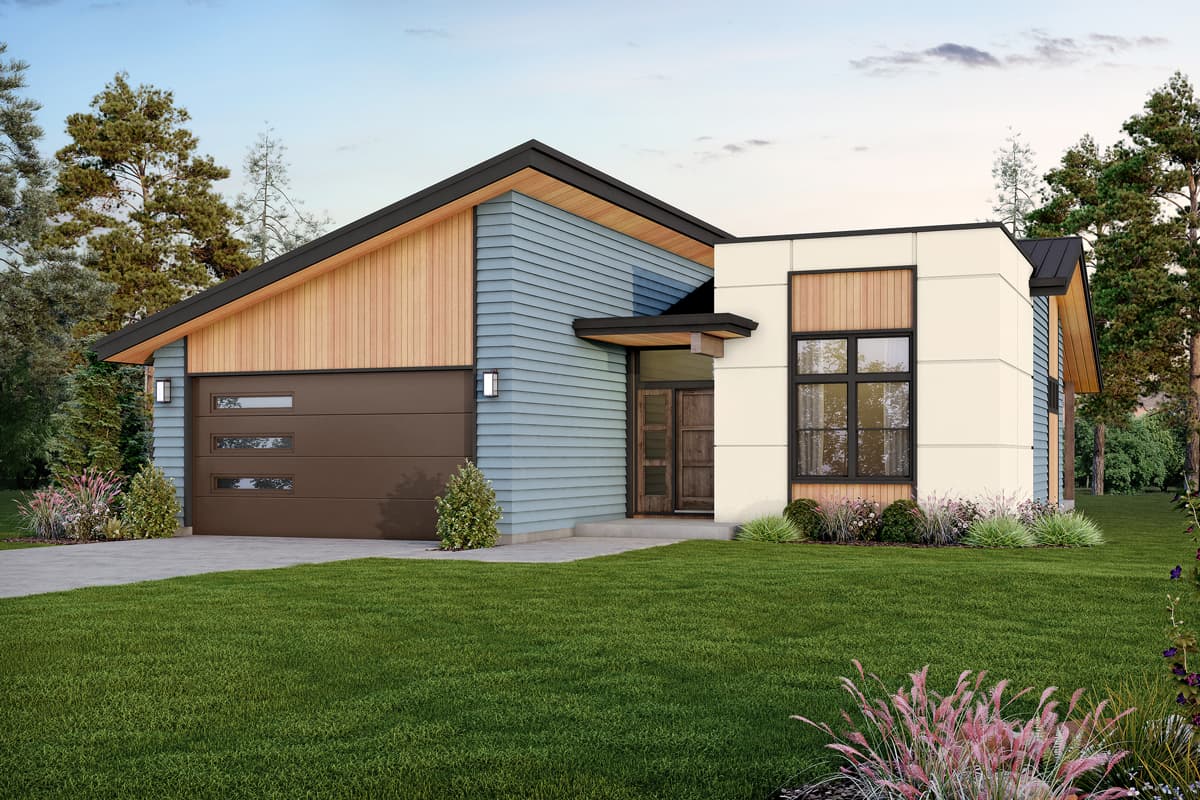 House plan exterior. Modern style with a single story. Features include a side-entry garage, shed roof, and wood accents. A covered entry is present.