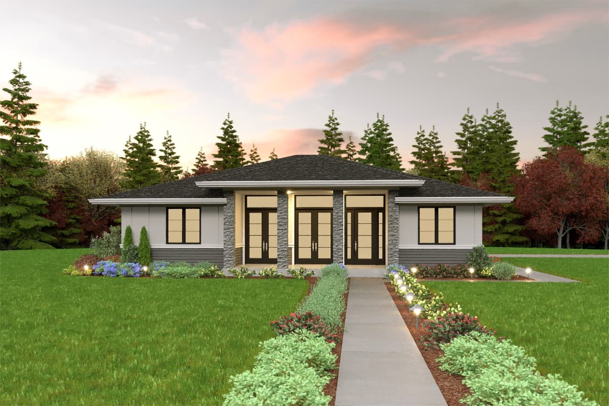 House plan exterior: One-story modern home with a covered entrance featuring stone pillars, double doors, and symmetrical windows.