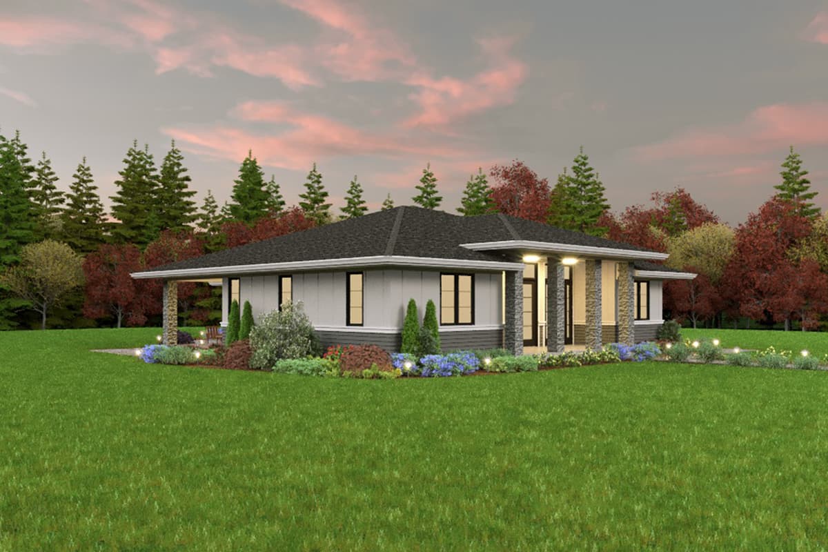 House plan exterior: one-story modern home with a covered side porch, stone-clad entry pillars, and a hip roof.