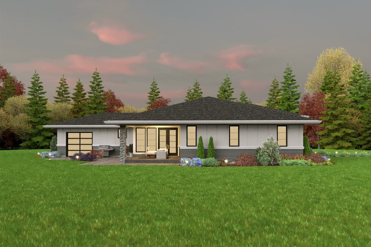 House plan exterior: Single-story Modern Farmhouse with attached garage, covered patio, and large windows.