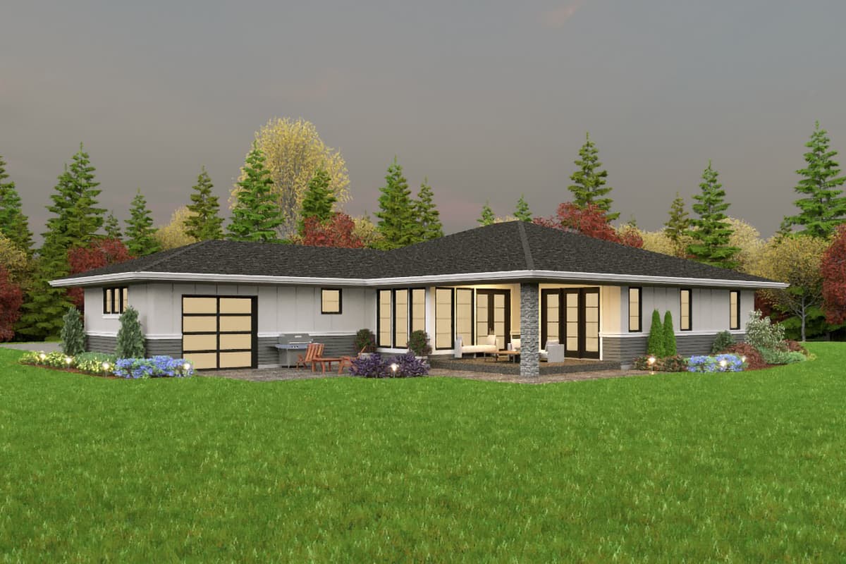 House plan exterior: single-story Modern style home with a 2-car garage, covered patio, and large glass doors.