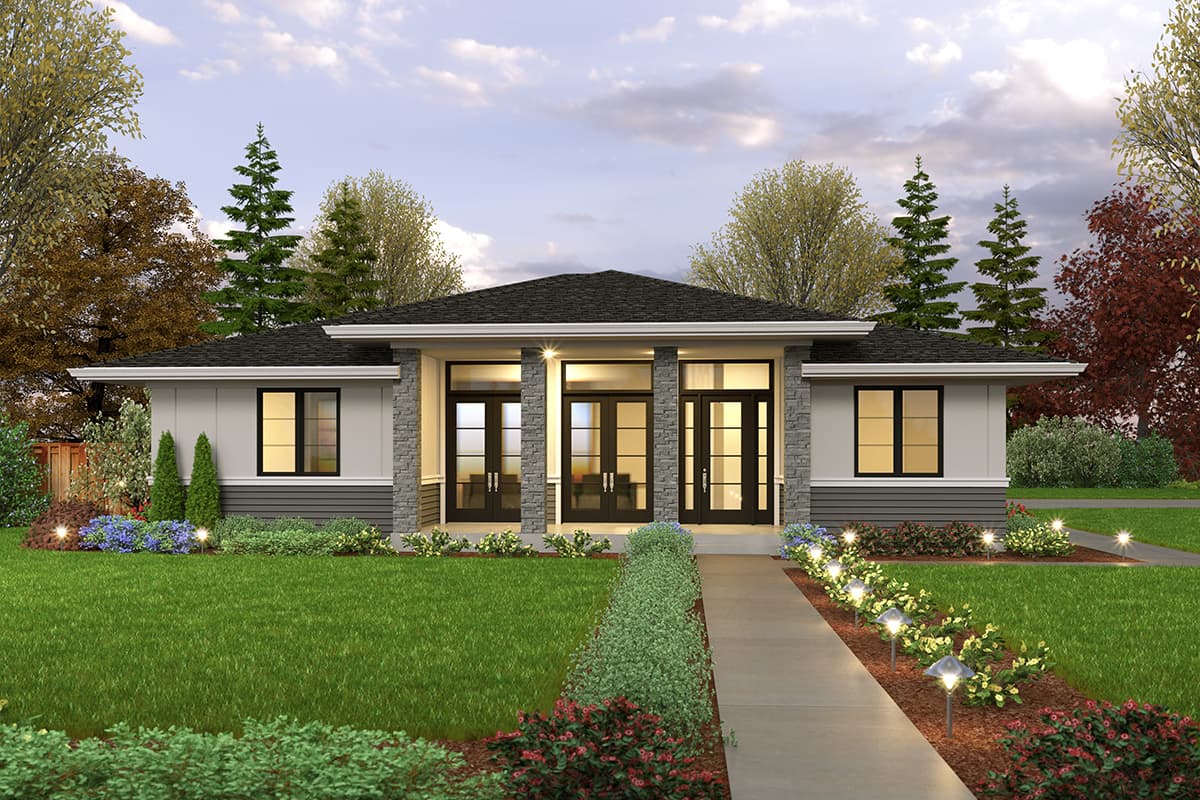 House plan exterior. Modern style, single story home with flat roof, covered entry, and stone accents on columns around the front doors.