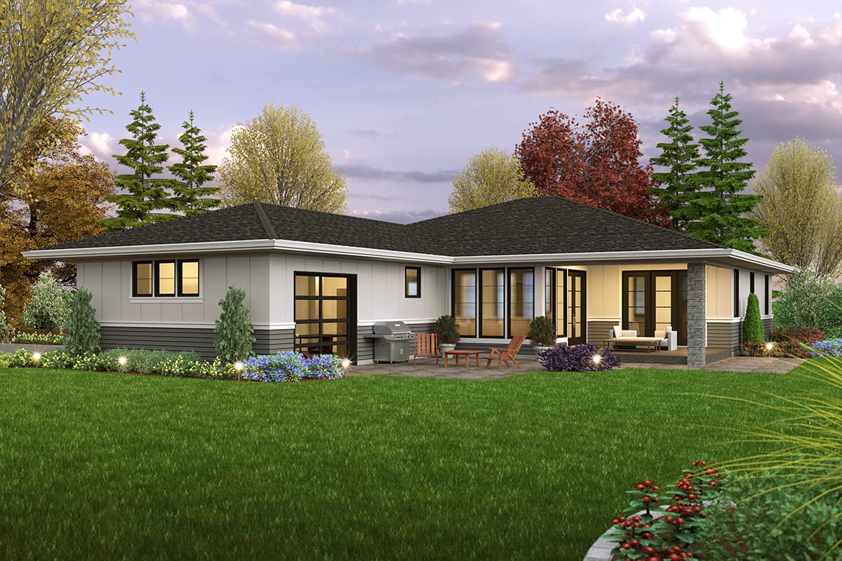 House plan exterior: Ranch style, single-story with L-shaped layout, large windows, covered patio, and garage.