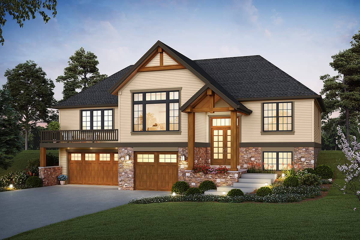 House plan exterior with Craftsman style. Two-story home with gabled roof, covered porch with columns, and a three-car garage.
