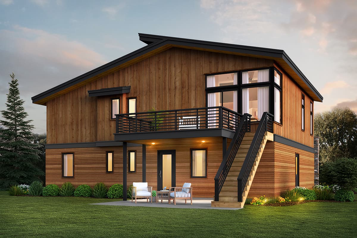 Modern house plan exterior with wood siding, two stories, a cantilevered balcony, and a prominent asymmetrical roofline.