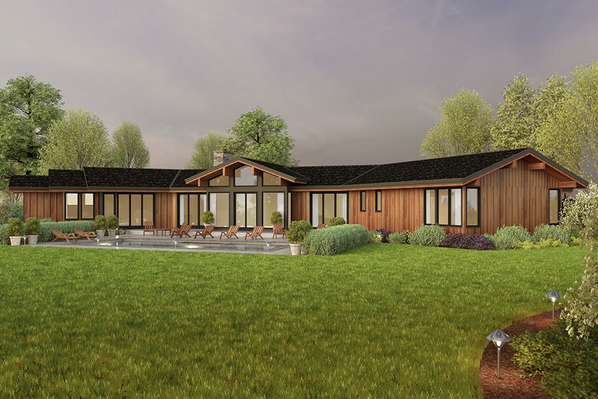 Modern ranch house plan exterior with wood siding, prominent gable over large windows, and a low-pitched roof.