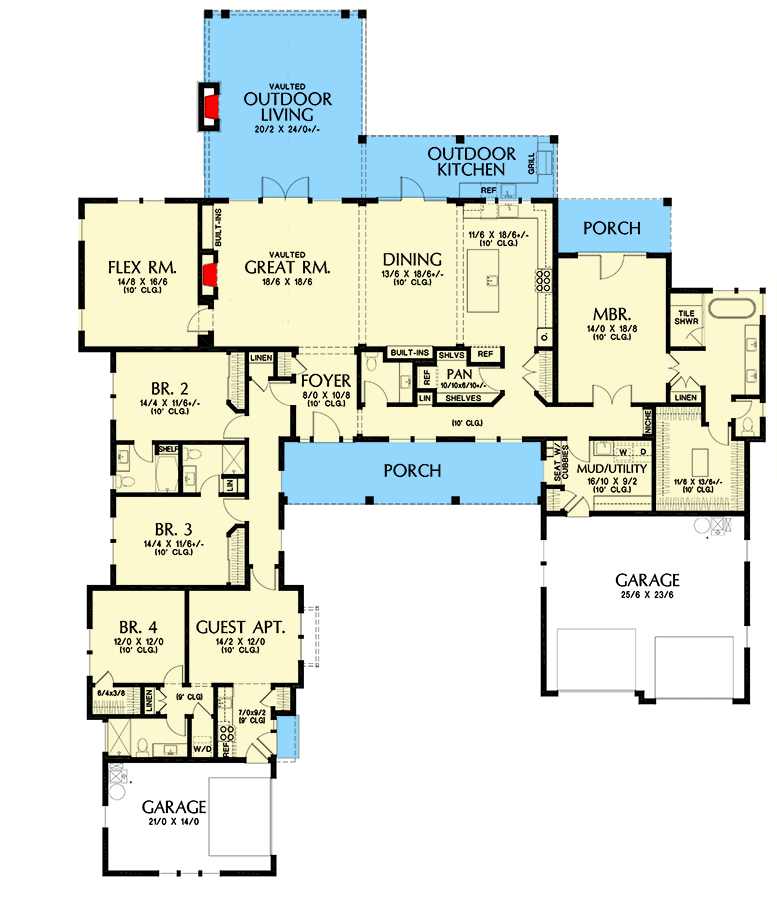 Plan 69787AM: Modern Farmhouse Plan with Attached 1-Bed Apartment - 3669 Sq Ft - Floor Plan - Main Level - Country, Farmhouse, Modern Farmhouse, New American