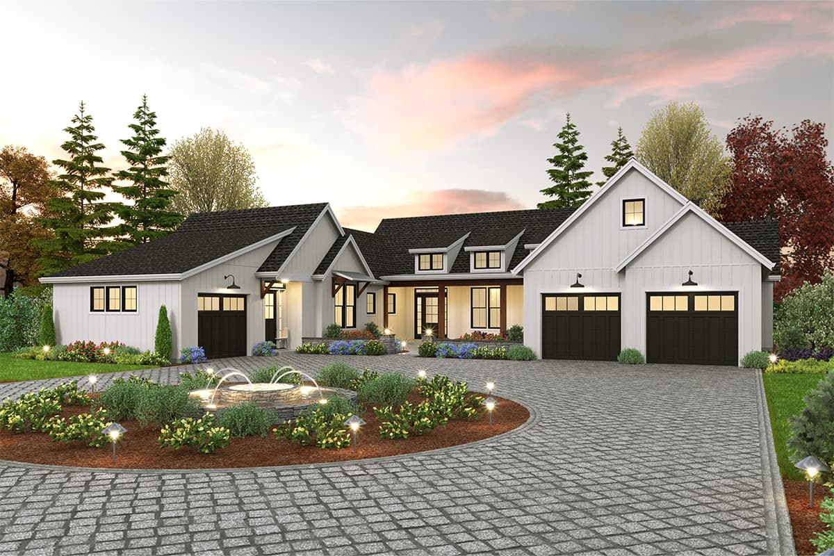 House plan exterior. Modern Farmhouse style with a two-car garage, dormers, and a gabled roofline. Features a front porch and a paved driveway.